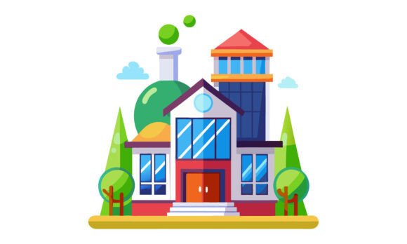 Modern Cartoon School Building: A Fresh Embroidery Design